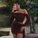 2025 Autumn New French Style Women's Clothing Asymmetrical Shoulder Long Sleeve Top Slim Fit Ruched Ribbon Bodycon Short_ecoleips.com