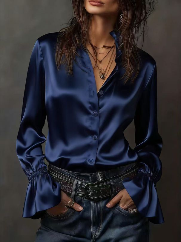 Elegant Satin Long-Sleeve Blouse For Women – Chic & Versatile With Mandarin Collar, Flared Cuffs & Wrinkle-Resistant Fabric_ecoleips.com