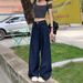 Vintage Washed Dark Blue Straight-Leg Jeans For Women, High-Waisted, Loose, Slimming, Youthful, Stylish, Hip-Covering,_ecoleips.com