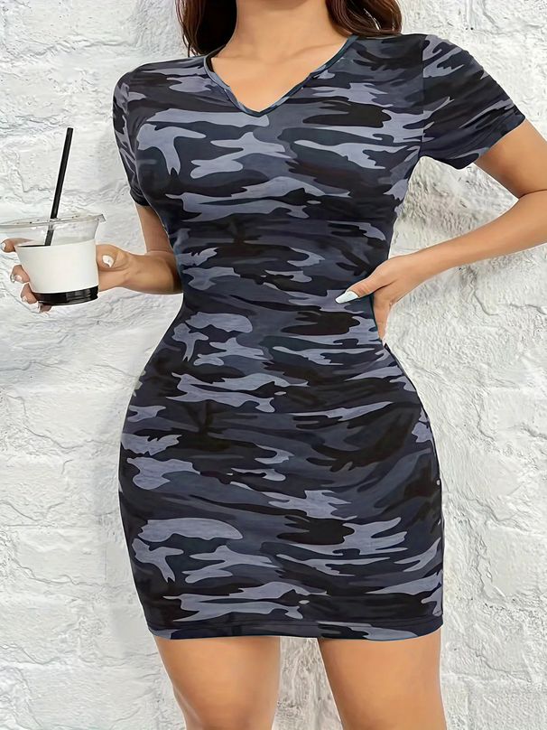 Women's Clothing New Fashion Casual Camouflage Print Short Sleeved V Neck Slim Dress_ecoleips.com
