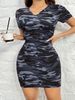 Women's Clothing New Fashion Casual Camouflage Print Short Sleeved V Neck Slim Dress_ecoleips.com