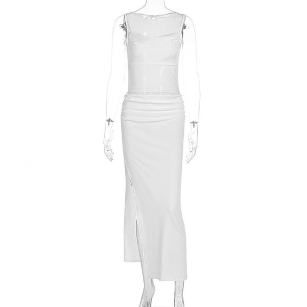 Summer Women Fashion Dress Elegant Solid Color Pullover Sleeveless Sheer Split Hem Casual Streetwear Party Evening Dress_ecoleips.com