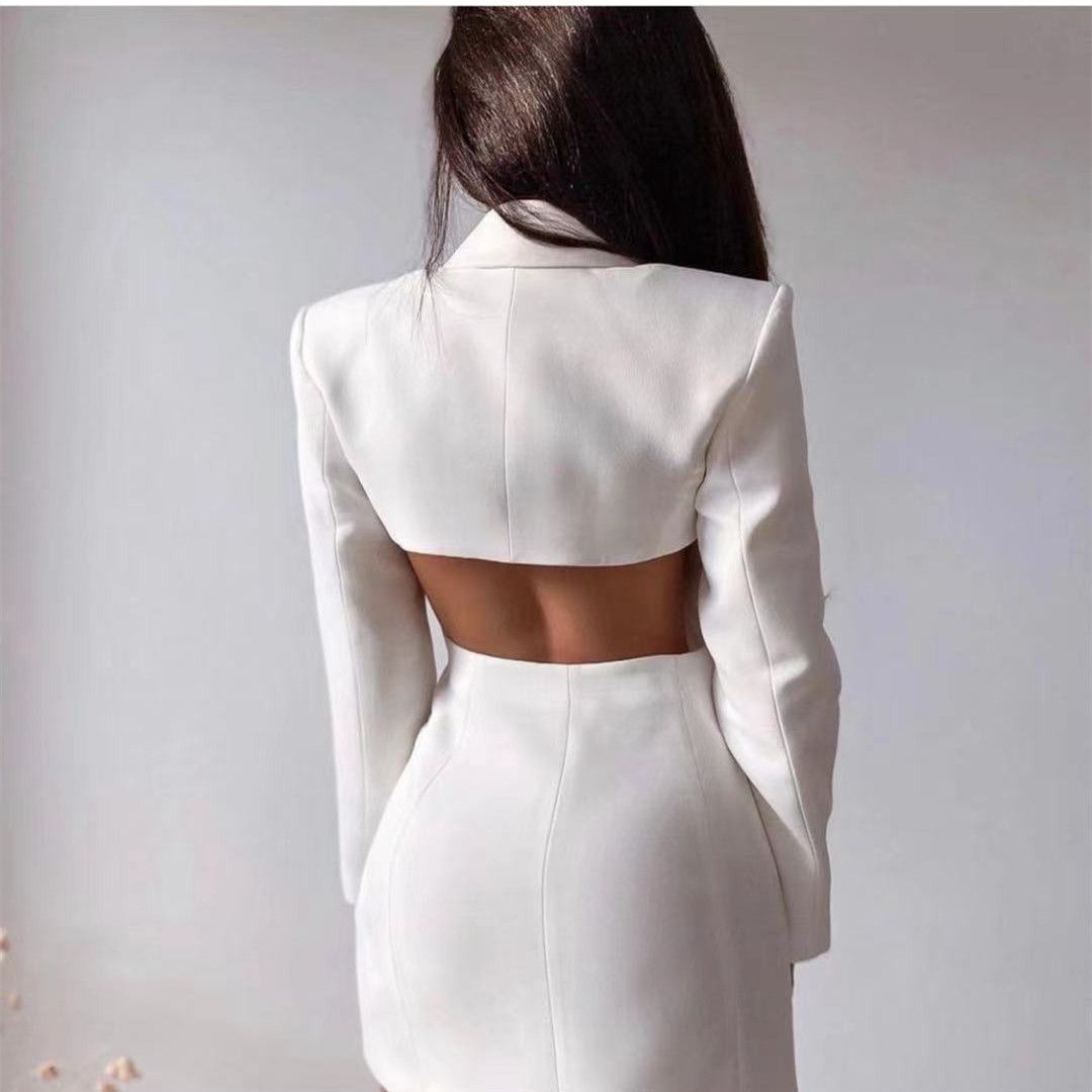 Women's Backless Double-Breasted Blazer Dress – Office-to-Evening Stretch Polyester Midi Dress (S-XL) – White/Black/Red For Business Chic & Night Out_ecoleips.com