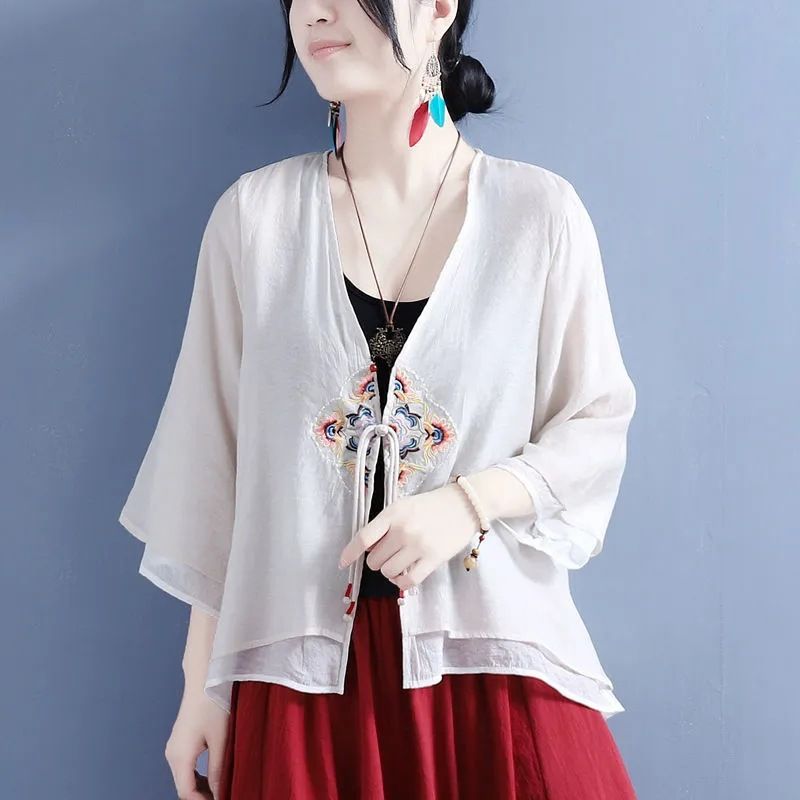 Summer Cotton And Linen Rhombus-Shaped Flower-Patterned Ribbon Button-Down Fake Two Three-Quarter Sleeve Cardigan Embroi_ecoleips.com