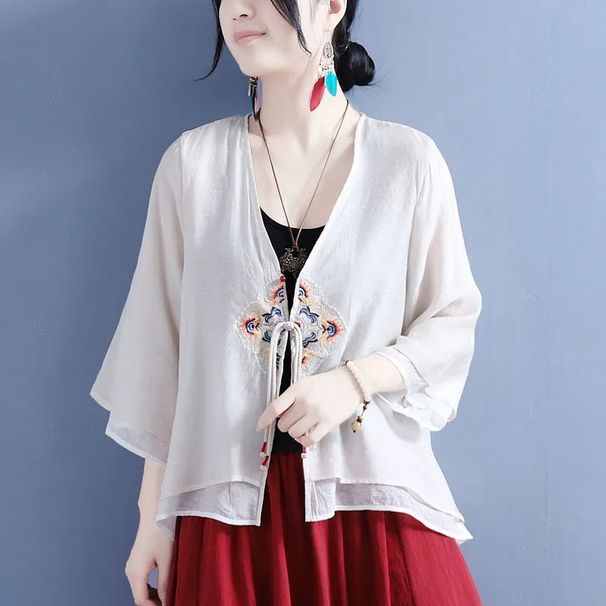 Summer Cotton And Linen Rhombus-Shaped Flower-Patterned Ribbon Button-Down Fake Two Three-Quarter Sleeve Cardigan Embroi_ecoleips.com