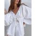 Summer Cotton-Poplin Bubble-Sleeve Fashion Casual Set With V-Neck, Ties, Ruffles, And Loose Comfort_ecoleips.com
