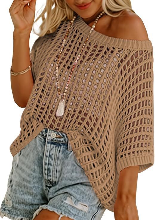 Women's Summer Knit Sweater Five-Sleeve Hollow Out Hem Pullover Beach Cover Up Sexy_ecoleips.com