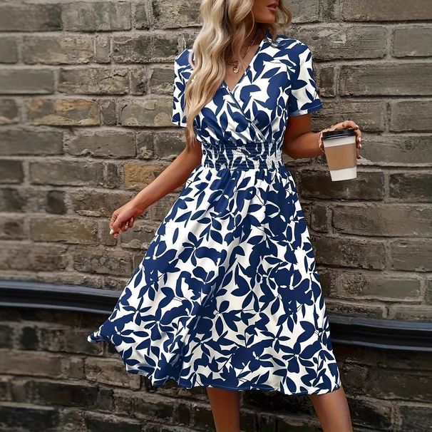 Spring/Summer Short-Sleeved V-Neck Dress With Leaf Print And Wide Skirt, Waist-Bound Design_ecoleips.com
