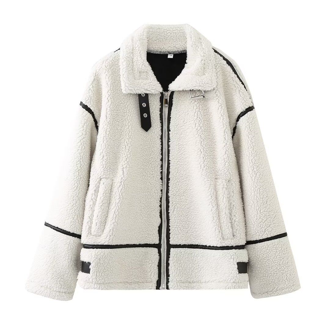 Women’s Faux Fur Biker Jacket – Stylish PU Leather Coat With Metal Accents, Streetwear Essential (XS-L, White)_ecoleips.com