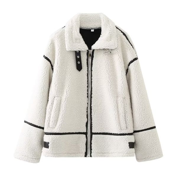 Women’s Faux Fur Biker Jacket – Stylish PU Leather Coat With Metal Accents, Streetwear Essential (XS-L, White)_ecoleips.com