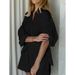 Temperament Shirt Jacquard Autumn Women's Striped Puff Sleeve Shorts Commuter Design Casual Suit_ecoleips.com