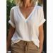 Women's Clothing V Neck Short Sleeved Cotton And Linen Women's Clothing Tops And Shirts_ecoleips.com
