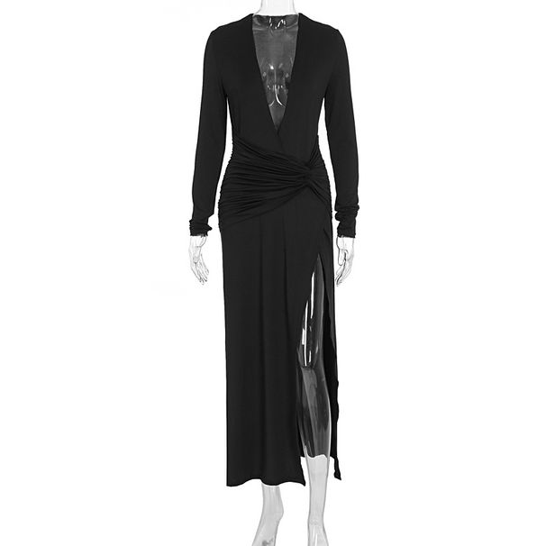 Solid Color Sexy V Neck Long Sleeve High Slit Dress Elegant Party Evening Bodycon Dress For Women Daily Wear And Formal Occasion_ecoleips.com