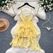 French Style Women's Yellow Halter Neck Dress Summer Irregular Cake Skirt with Ruffles High End Feel_ecoleips.com