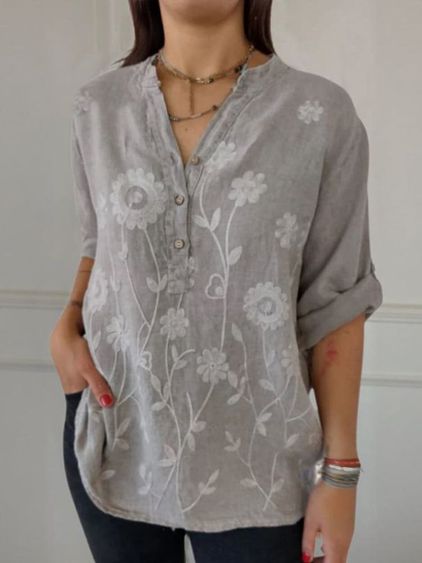 Women's Clothing Ladies Lace Embroidery Button V Neck Shirt_ecoleips.com