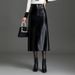 Verve PU Leather Black Midi Autumn Winter Women's New Split Straight Bodycon A-line Long Pencil Skirt_ecoleips.com