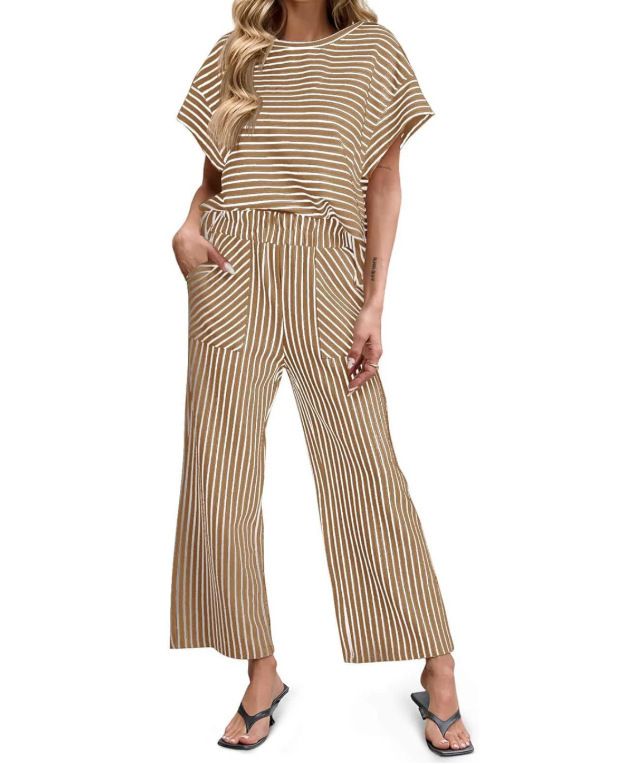 Striped Women's Two Piece Set Short Sleeve Wide Leg Pants Summer Casual Fashion Clothing_ecoleips.com
