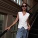 Vintage V-Neck Sleeveless Vest Women's Black Waist-Cinching Layering Top – Streetwear Chic, Summer Staple_ecoleips.com