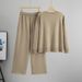 Women’s Knit Sweater & Wide-Leg Pants Set – Oversized Cardigan & High-Waisted Trousers – Color-Blocked Office-to-Weekend Coord (Khaki/Black/Gray)_ecoleips.com