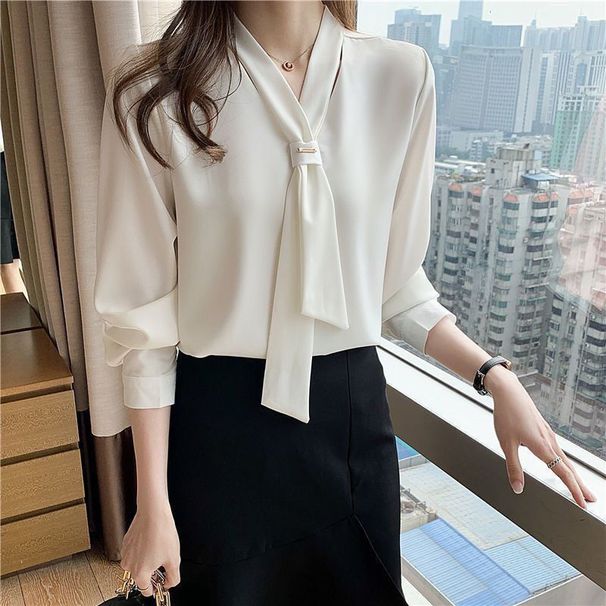 2025 Spring Korean Version Loose Bowknot Professional White Chiffon Blouse Women's Top Goddess Temperament Long Sleeve_ecoleips.com