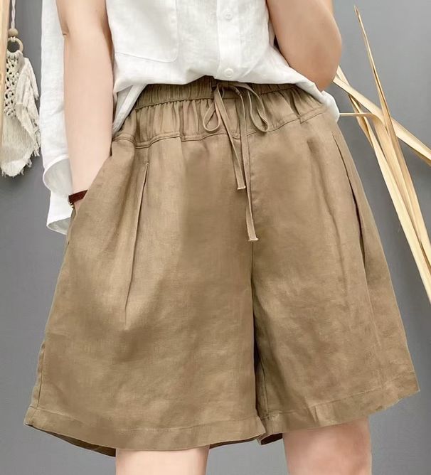 Suitable For All Seasons Pure Linen Shorts 2025 Summer New Handmade Wrinkled Casual For Women, Loose Fit, Slimming, Covering Flaws, Pants 2563_ecoleips.com