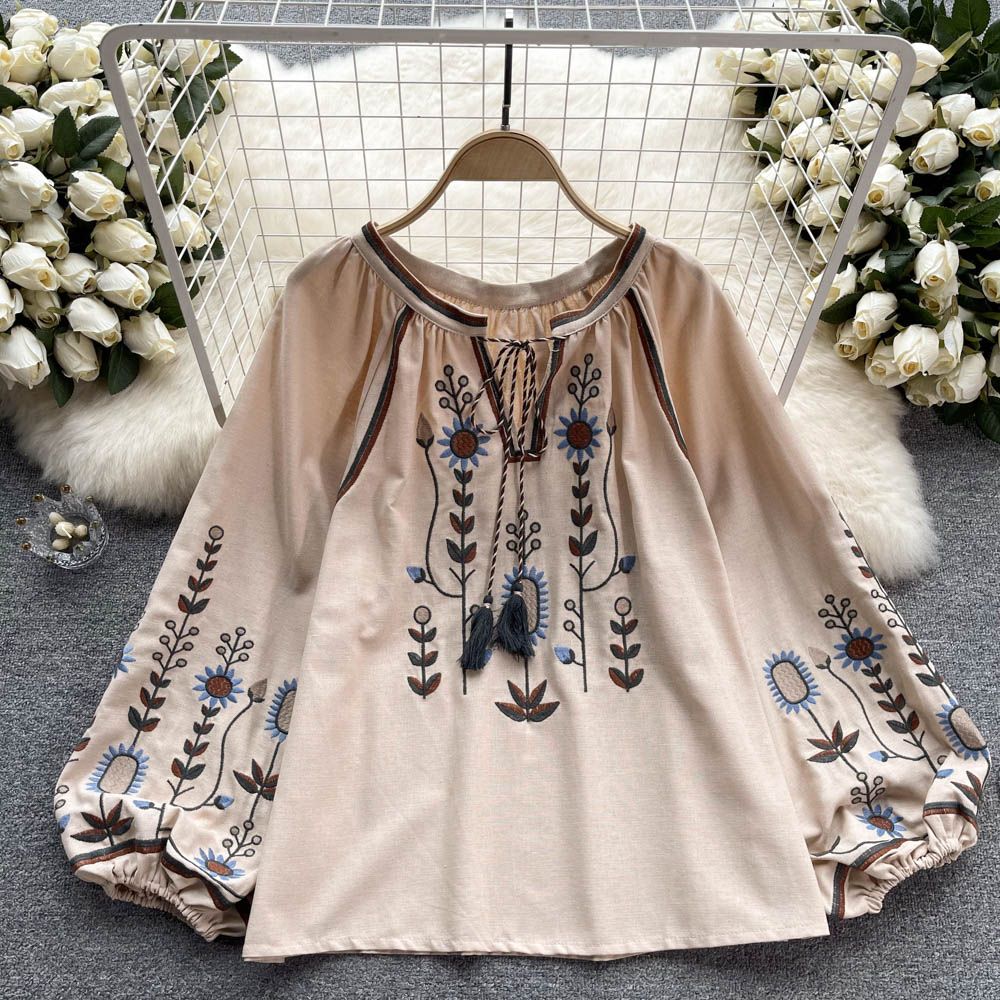 Women's Bohemian Style Vintage Embroidered Print Long Sleeve Shirt Top Loose Casual French Chic Doll Style_ecoleips.com