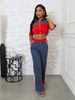 Women's Clothing Denim Stitching Color Stand Up Collar Zipper Top Wide Leg Pants Two Piece Set_ecoleips.com