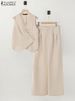 ZANZEA Women Pant Sets Irregular Buttons Vests Wide Leg Trouser Pant Suits Stylish Elegant 2pcs Outfit Streetwear Office Tops_ecoleips.com