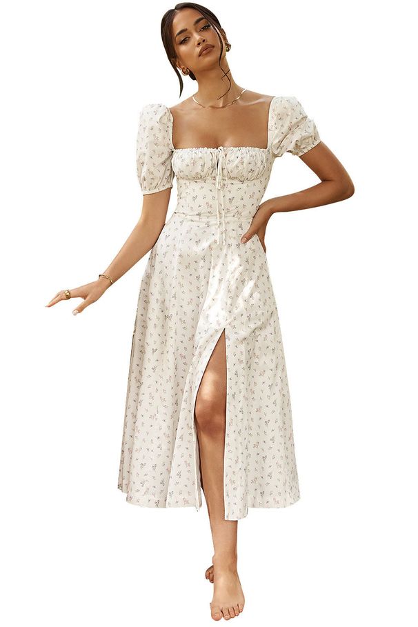 Casual European American Style Fresh For Women, Summer French Floral Print Dress With Tie, Puff Sleeves, And Square_ecoleips.com