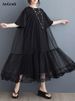 Black Vintage Mesh Patchwork Dresses For Women 2026 Summer New Short Sleeve Loose Casual Midi Dress Robe Fashion Elegant Clothes_ecoleips.com
