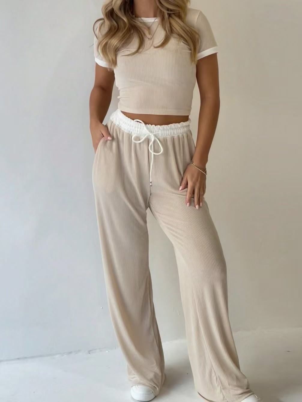 Women's Casual Wide Leg Pants Set Short Sleeved Solid Color Sportswear Two-Piece Spring Summer Clothing_ecoleips.com