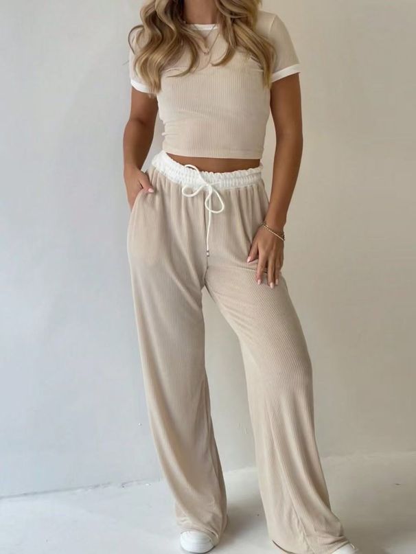 Women's Casual Wide Leg Pants Set Short Sleeved Solid Color Sportswear Two-Piece Spring Summer Clothing_ecoleips.com