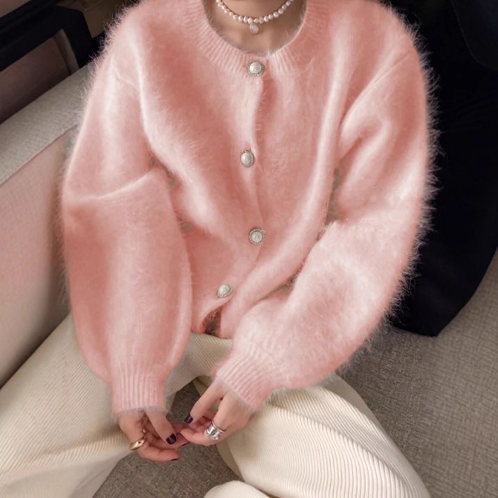 Women's Faux Mink Knit Cardigan – Oversized Soft Winter Coatigan, Lightweight Polyester Blend, Minimalist Round Neck Open Front, Pastel Color Palette_ecoleips.com