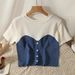 Short Sleeved Round Neck Stitching Knitted T Shirt Female Design Niche Puff Sleeve Short Top Two Piece Set_ecoleips.com