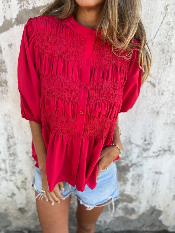 Women's Clothing Summer New Solid Color Round Neck Button Casual Fashion Short Sleeved Shirt_ecoleips.com