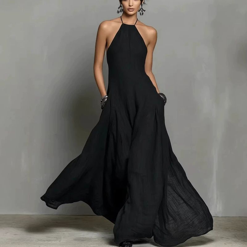 Women's Elegant Backless Hollow Long Dress Fashion Hight Waist Solid Swing Dresses Sexy Halter Sleeveless Vacation Party Dress_ecoleips.com