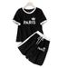 Women's Casual Summer French Style Crown Letter Print Short Sleeve Shorts Set Relaxed Fit Comfort Outfit_ecoleips.com