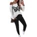 Women’s Clothing Spring and Summer New Casual Contrast Off shoulder Denim Butterfly Decorated Long sleeved Top Color blocked Pants Two piece Set_ecoleips.com