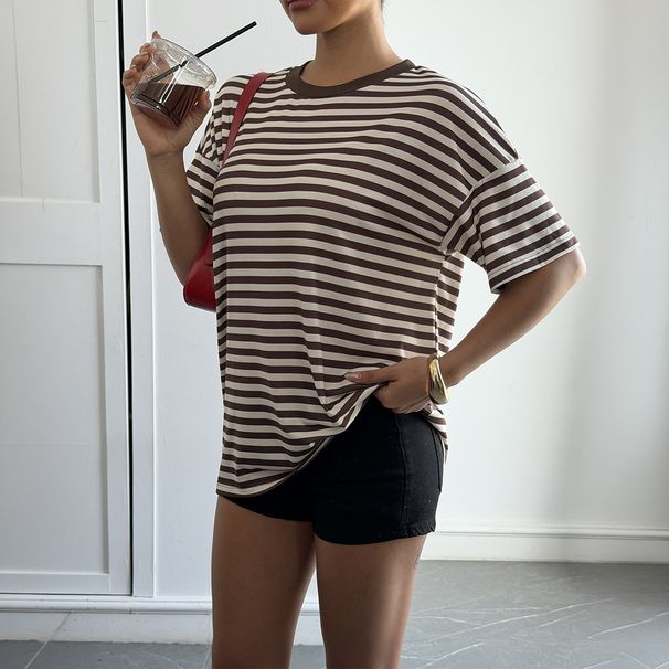 DiYun European And American Casual Style Versatile Striped Short-Sleeve T-Shirt Women's Clothing 2026_ecoleips.com