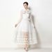 Women's Clothing Elegant French Style Women's Dress With Beaded Rhinestone Embellishments Openwork Design Lapel Collar Long Sleeves Fitted Waist_ecoleips.com