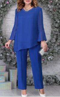 Elegant Plus Size Women's Evening Pantsuit Set With Embellished Rhinestones - Flowy Chiffon Wide Leg Trousers & Bell Sleeve Blouse_ecoleips.com