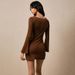 Voya Fashion Square Neck Flared Sleeve Slim Fit High Waist Side Slit Short Brown Ruched Design Dress_ecoleips.com