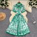 Kate Middleton Inspired Short Sleeve Blue White Porcelain Print Dress Fitted Waist Elegant A-Line Skirt Summer Cross Border Women's Fashion Dress_ecoleips.com