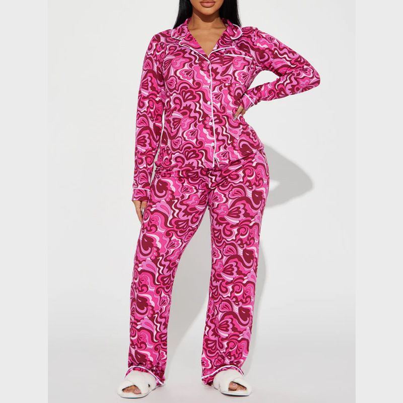 Women's Clothing Spring Casual Printed Home Long Sleeved Trousers Single Breasted Suit_ecoleips.com