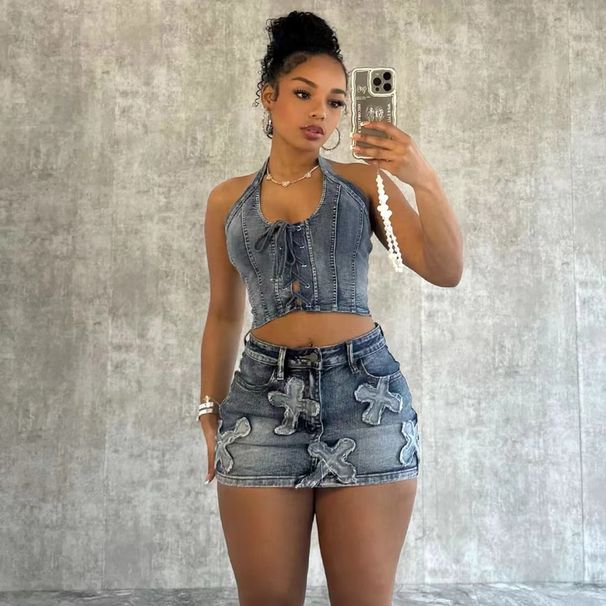 European And American Women's Summer New Skirt Fashion Design Cross Embroidery Casual Stretch Denim Two-Piece Set_ecoleips.com