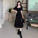 European And American Style Chiffon Plus Size High Waist Black Floral Waist-Cinching Split Puff Sleeve Dress For Women_ecoleips.com
