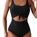 Women's Clothing One Piece Swimsuit Solid Color Hollow Backless High Waist Conservative Tankini Swimsuit_ecoleips.com