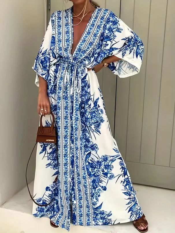 Women's Clothing Spring And Summer New Temperament V Neck Short Sleeved Printed Large Skirt Dress_ecoleips.com