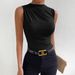2024 Spring Summer New Fashion Versatile Solid Color Ruched Sleeveless Pullover Half High Neck T-Shirt For Women_ecoleips.com