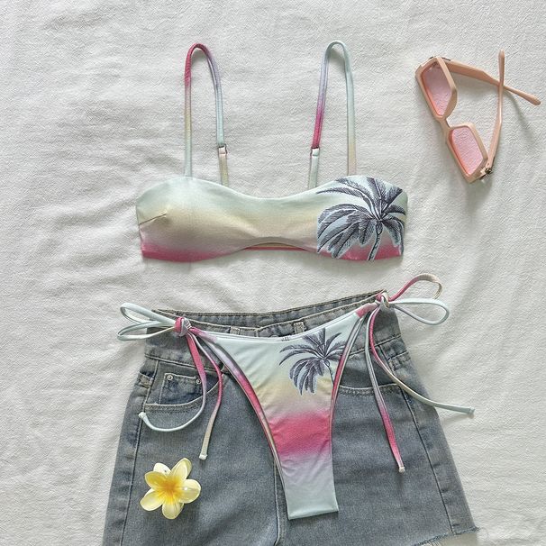 New 2026 Women's Gradient Illuminated Coconut Tree Swimsuit Two Piece Spaghetti Strap Bikini European American Style Cross Border E-commerce_ecoleips.com
